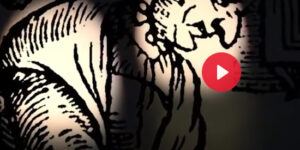 black on white sketch of old woman